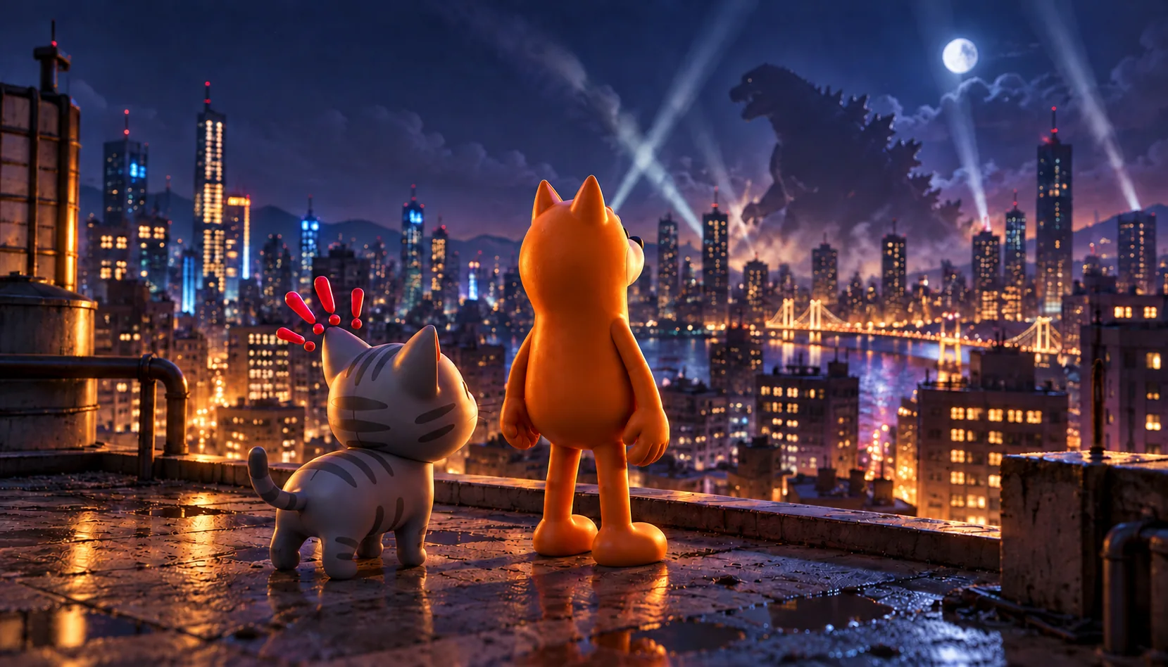 CONK and BONK looking toward a glowing city, with a giant dinosaur on the horizon